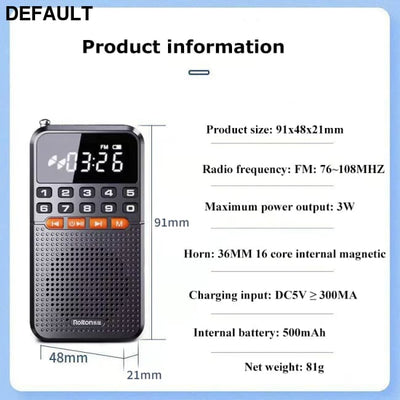Portable FM Mini Radio Dual Antenna Pocket Receiver Bluetooth 5.0 Speaker TF Card Music Player with LED Flashlight