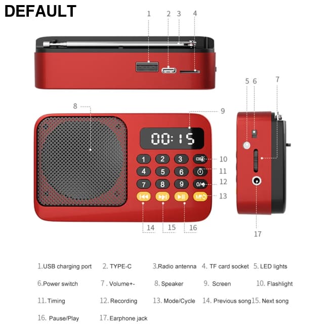 Portable Radio Music Player Handheld Rechargeable Digital FM USB TF MP3 Speaker Devices Supplies With LED Display Green