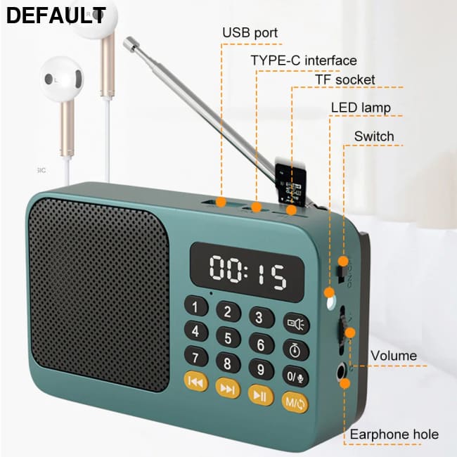 Portable Radio Music Player Handheld Rechargeable Digital FM USB TF MP3 Speaker Devices Supplies With LED Display Green