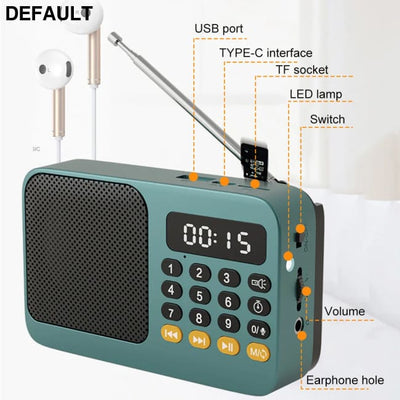 Portable Radio Music Player Handheld Rechargeable Digital FM USB TF MP3 Speaker Devices Supplies With LED Display Green