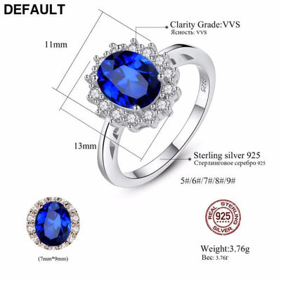 Princess Diana William Kate Gemstone Rings Sapphire Blue Wedding Engagement 925 Sterling Silver Finger Ring for Women