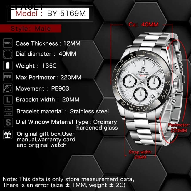 Relojes Hombre 2024 BENYAR New Watches Men Luxury Brand Chronograph Male Sport Waterproof Stainless Steel Quartz Watch