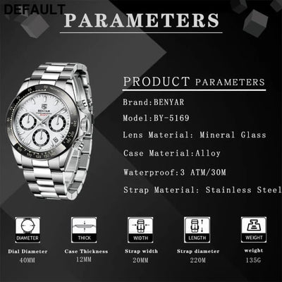 Relojes Hombre 2024 BENYAR New Watches Men Luxury Brand Chronograph Male Sport Waterproof Stainless Steel Quartz Watch