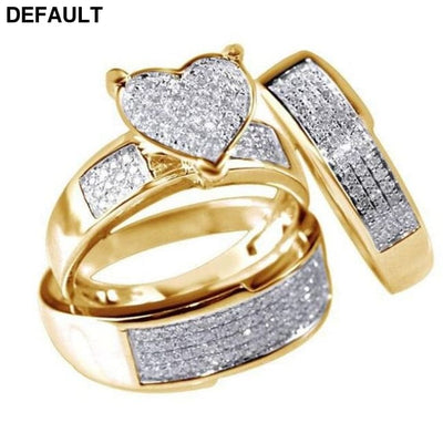 Romantic Elegant Heart Shaped Zircon Gold Stainless Steel Women’s Ring Set Engagement Wedding Glamour Jewelry 3 / Piece