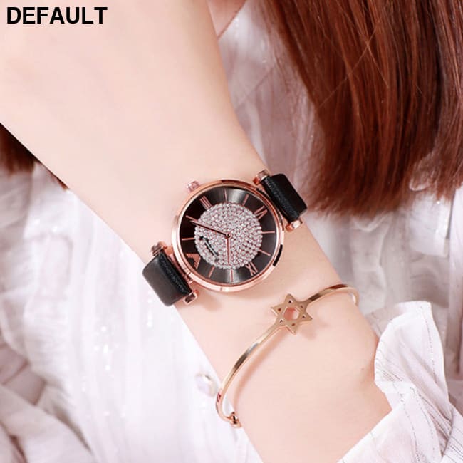 Rose Gold Diamond Watches leather black Women