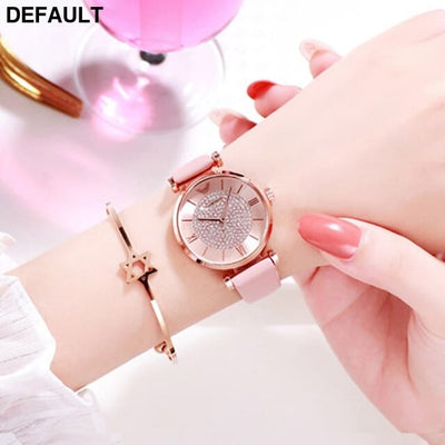 Rose Gold Diamond Watches leather pink Women