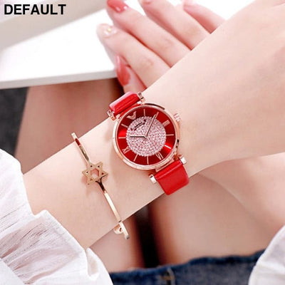 Rose Gold Diamond Watches leather red Women