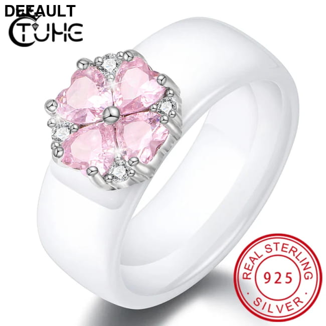 S925 Sterling Silver Pink Flower Cubic Zirconia Ceramic Ring Wedding Rings Best Selling Products
