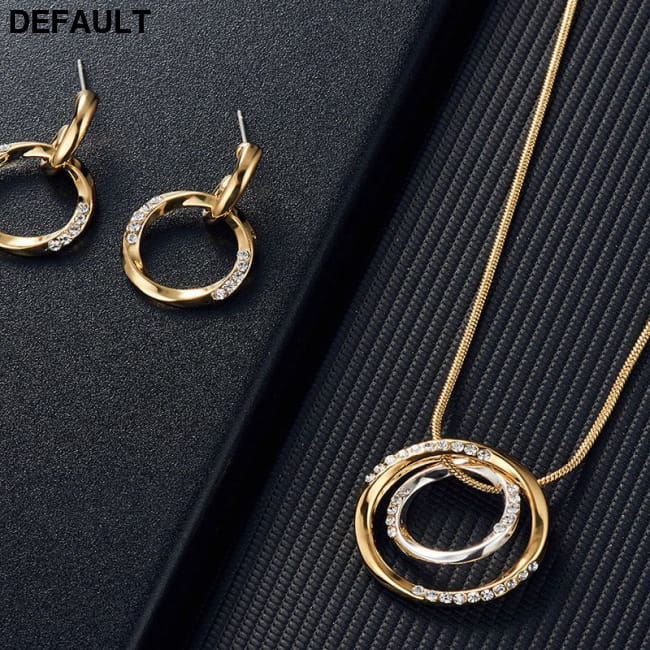 Simple Circle Jewelry Accessories Set Inlaid Rhinestones Golden Sterling Silver Necklace Sets Necklaces