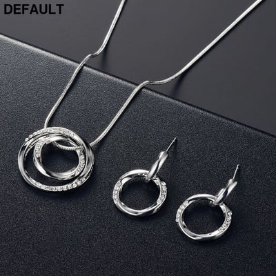 Simple Circle Jewelry Accessories Set Inlaid Rhinestones Pendant Necklace & Stud Dangle Earrings Gift For Women Girls
