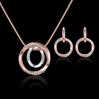 Simple Circle Jewelry Accessories Set Inlaid Rhinestones Pendant Necklace & Stud Dangle Earrings Gift For Women Girls