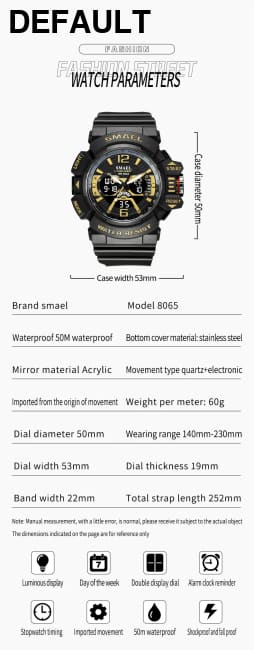 Sport Watch Men SMAEL 50M Waterproof Wristwatches Dual Time Display Multi-function Sports Clocks 8065 Mens Watches