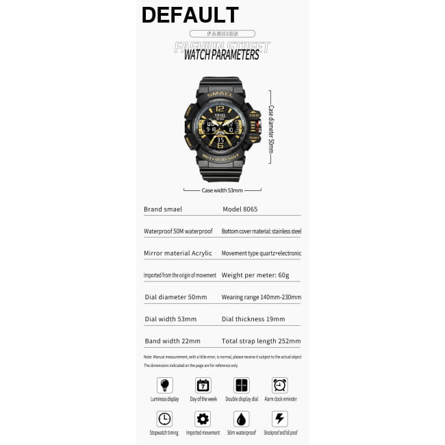 Sport Watch Men SMAEL 50M Waterproof Wristwatches Dual Time Watches