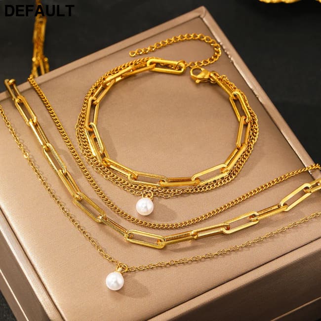 Stainless Steel Jewelry Set Elegant Delicate Pearl Pendant Luxury Multi-Layer Chain For Women gold Sterling Silver