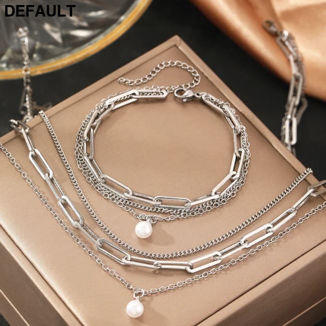 Stainless Steel Jewelry Set Elegant Delicate Pearl Pendant Luxury Multi-Layer Chain For Women silver Sterling Silver