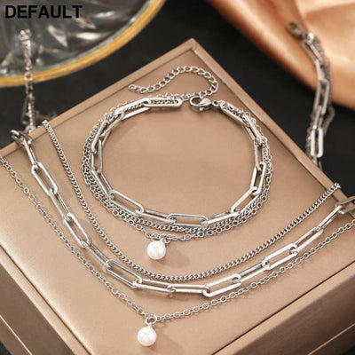 Stainless Steel Jewelry Set Elegant Delicate Pearl Pendant Luxury Multi-Layer Chain For Women silver Sterling Silver
