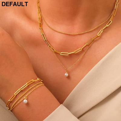 Stainless Steel Jewelry Set Elegant Delicate Pearl Pendant Luxury Multi-Layer Chain For Women Sterling Silver Necklace