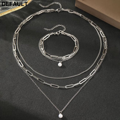 Stainless Steel Jewelry Set Elegant Delicate Pearl Pendant Luxury Multi-Layer Chain For Women Sterling Silver Necklace