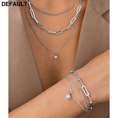 Stainless Steel Jewelry Set Elegant Delicate Pearl Pendant Luxury Multi-Layer Chain For Women Sterling Silver Necklace