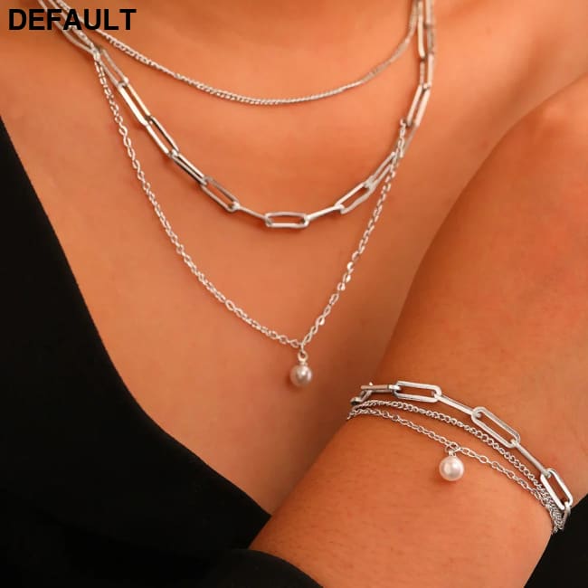 Stainless Steel Jewelry Set Elegant Delicate Pearl Pendant Luxury Multi-Layer Chain For Women Sterling Silver Necklace