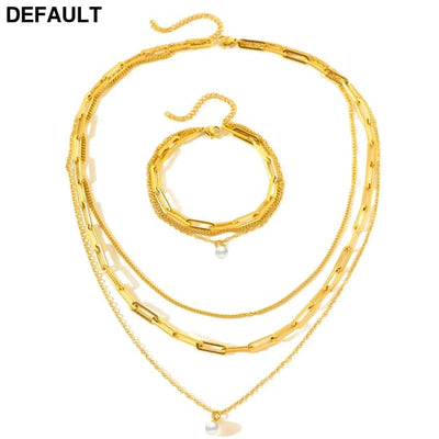 Stainless Steel Jewelry Set Elegant Delicate Pearl Pendant Luxury Multi-Layer Chain For Women Sterling Silver Necklace