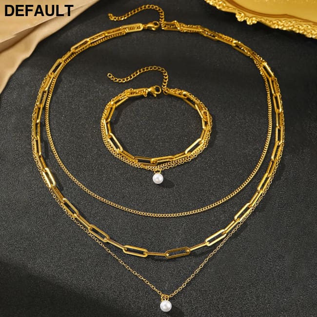 Stainless Steel Jewelry Set Elegant Delicate Pearl Pendant Luxury Multi-Layer Chain For Women Sterling Silver Necklace