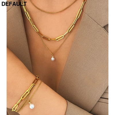 Stainless Steel Jewelry Set Elegant Delicate Pearl Pendant Luxury Multi-Layer Chain For Women Sterling Silver Necklace