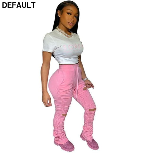 Sweatpants Women Flare Pants Ladies Stacked Joggers Pleated Pink / XL Jumpsuits & Rompers Clothing
