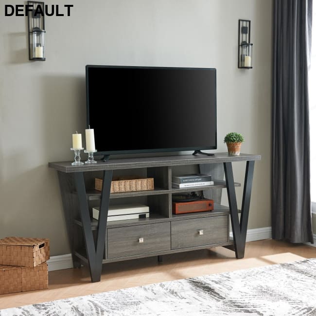 Tall TV Stand cabinet with two drawers on metal glides square knob handles and divided shelf tiers as Pic Home Stands