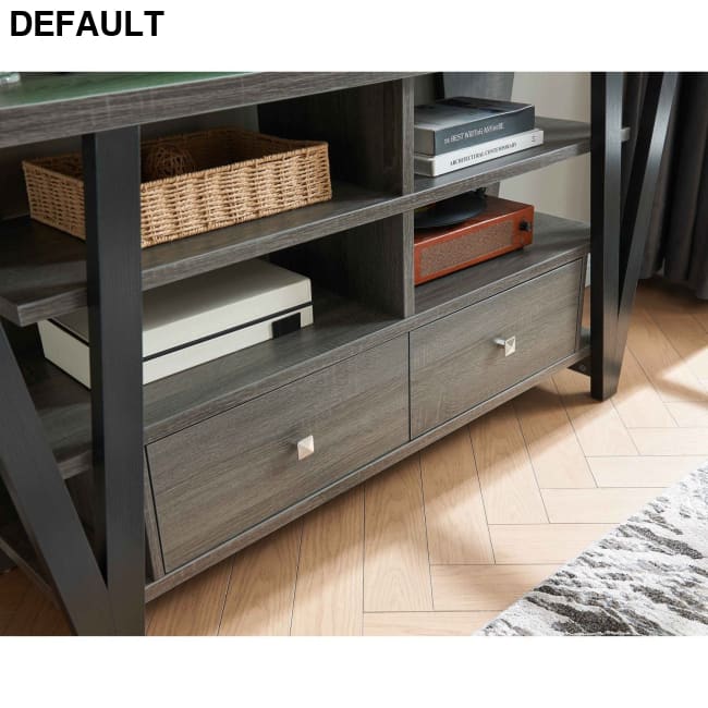 Tall TV Stand cabinet with two drawers on metal glides square knob handles and divided shelf tiers as Pic Home Stands