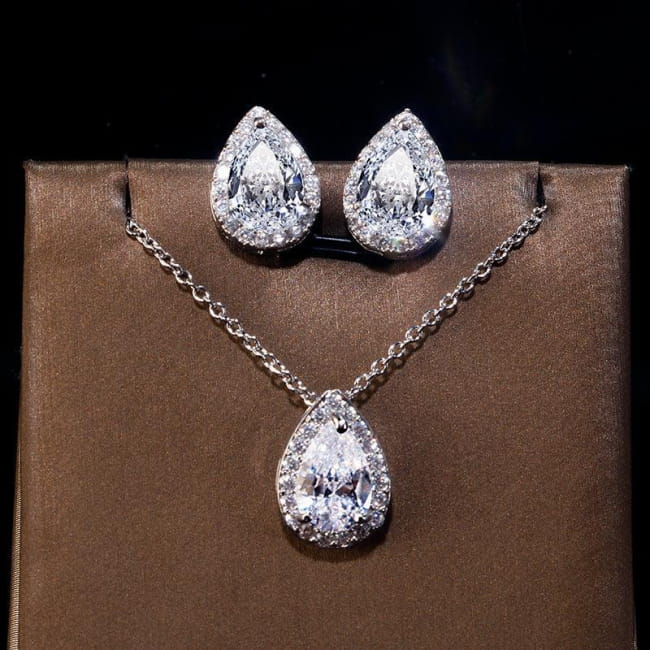 Teardrops Shape Dangle Drops Earrings Necklace Jewelry Set Sterling Silver Sets