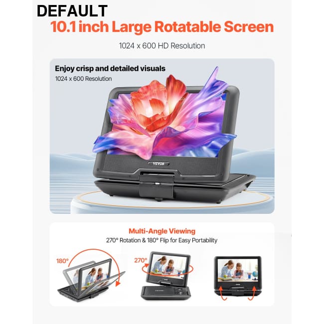Tragbarer DVD-Player Mit Drehbarem HD-Bildschirm (256 Mm) Eingebauter Akku 4 Std. Laufzeit 2 Lautsprecher Unterstützt