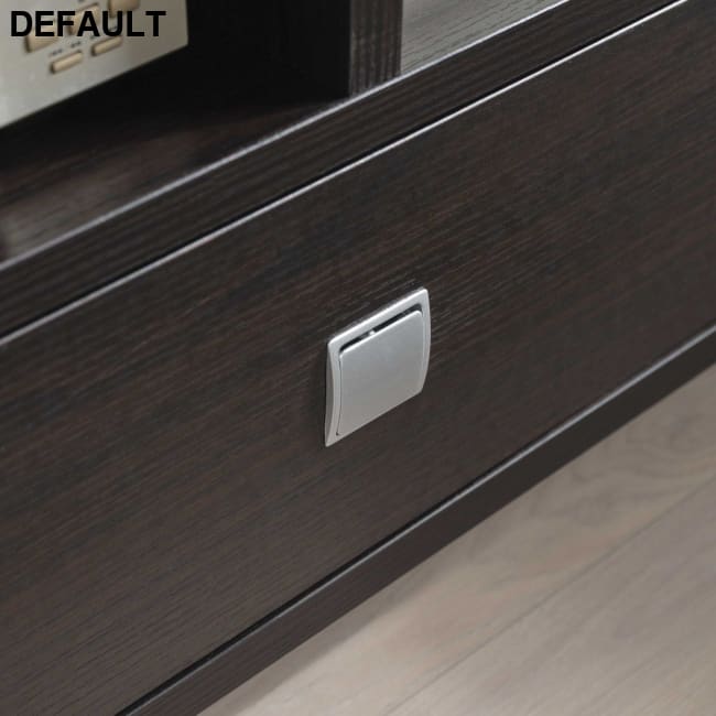 TV Stand Cabinet with curved legs one drawers on metal glides square handle modern design divided shelf two cubbies