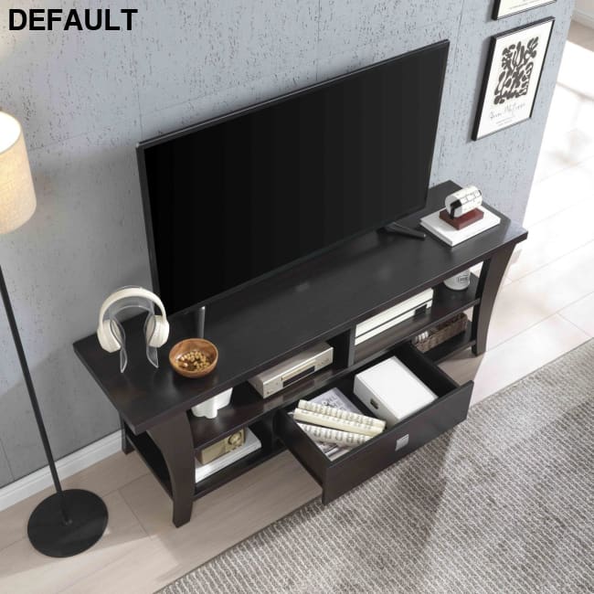 TV Stand Cabinet with curved legs one drawers on metal glides square handle modern design divided shelf two cubbies