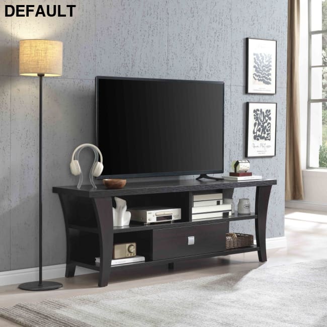 TV Stand Cabinet with curved legs one drawers on metal glides square handle modern design divided shelf two cubbies
