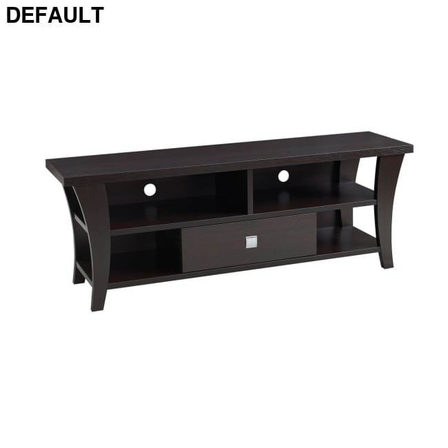 TV Stand Cabinet with curved legs one drawers on metal glides square handle modern design divided shelf two cubbies