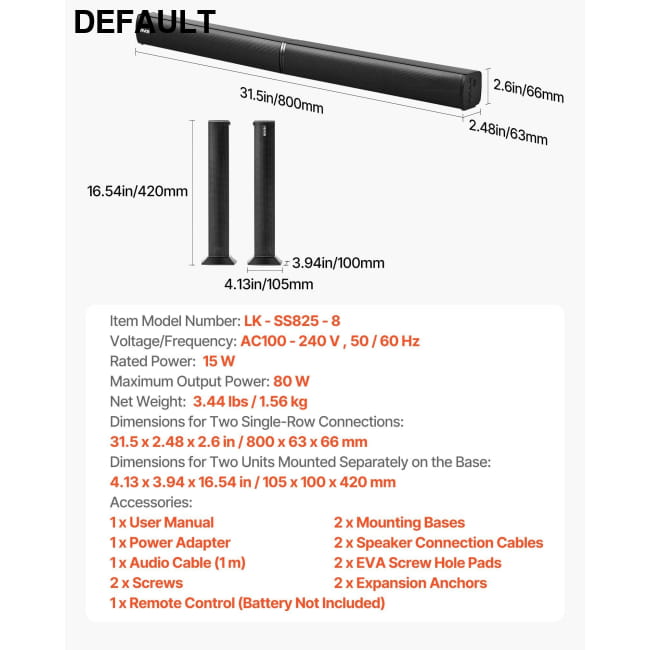 VEVOR Sound Bar for Smart TV 2.0 Channel 32-Inch 2 in 1 2-in-1 / 32 inch Home Theater Speakers