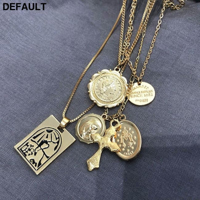 Vintage 4 Set Separable Chain Multi Layer Pendant Choker Necklaces Virgin Mary Jesus Cross Totem Square Jewelry Gift