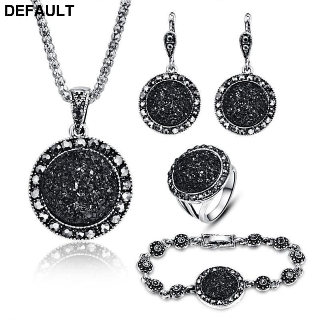 Vintage Black Jewelry Set Crystal Round Stone Pendant Sterling Silver Necklace Sets Necklaces