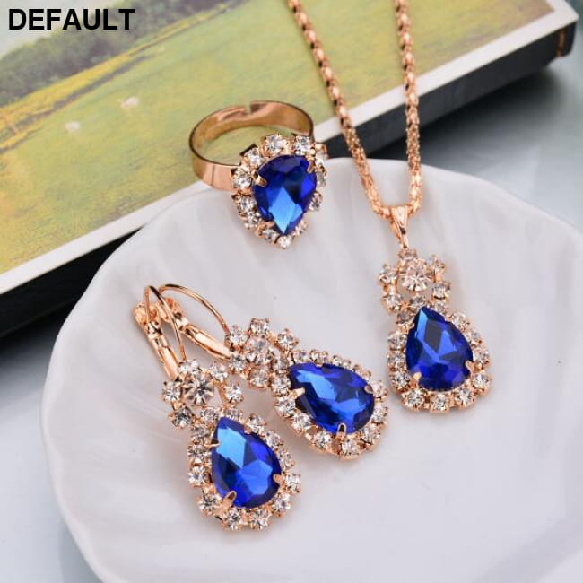 Water Drop Shape Earrings Necklace Rings Jewelry Sets dark blue Sterling Silver Necklaces