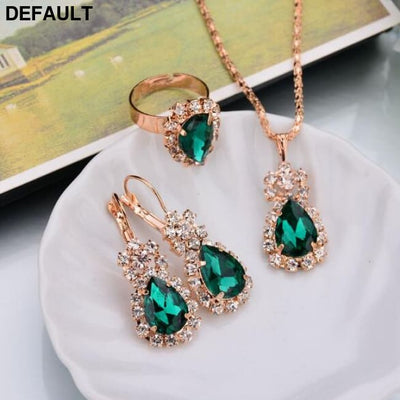 Water Drop Shape Earrings Necklace Rings Jewelry Sets green Sterling Silver Necklaces