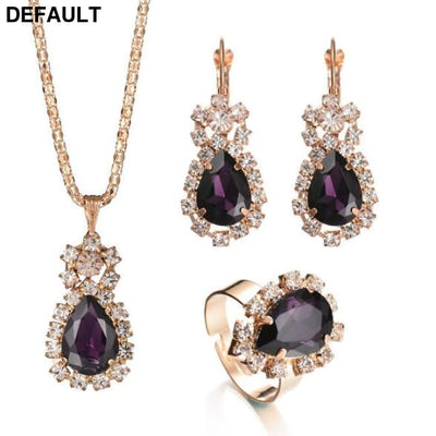Water Drop Shape Earrings Necklace Rings Jewelry Sets purple Sterling Silver Necklaces