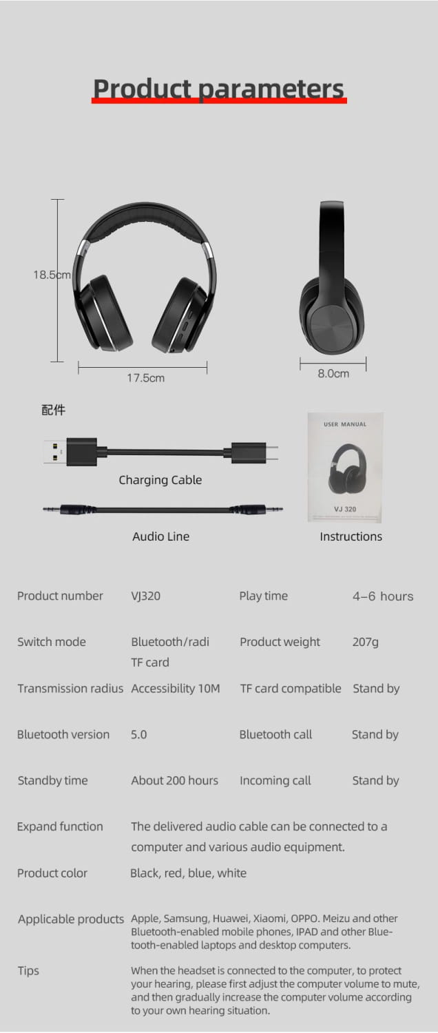 Wireless HiFi Headphones With Mic Foldable Over Ear Bluetooth 5.0 Headphone Support TF Card/FM Radio for Phone PC