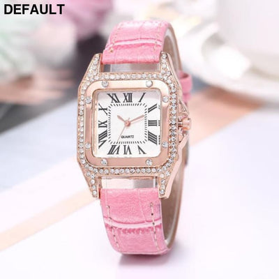 Women Diamond Watch Starry Square Dial Bracelet Watches Ladies Leather Band Quartz Wristwatch Female Clock(No Box) Pink