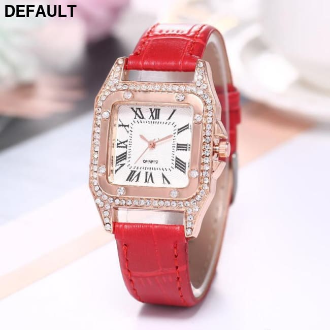 Women Diamond Watch Starry Square Dial Bracelet Watches Ladies Leather Band Quartz Wristwatch Female Clock(No Box) Red