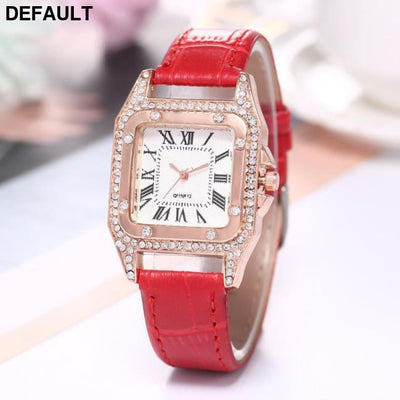 Women Diamond Watch Starry Square Dial Bracelet Watches Ladies Leather Band Quartz Wristwatch Female Clock(No Box) Red
