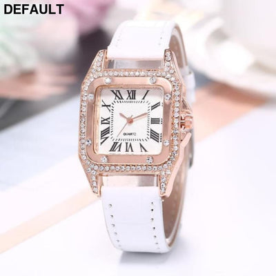 Women Diamond Watch Starry Square Dial Bracelet Watches Ladies Leather Band Quartz Wristwatch Female Clock(No Box) White