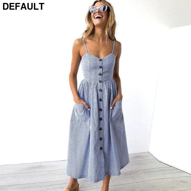 Women Floral Stripe Long Sleevele Button Beach Boho Midi Dress 08007-Narrow Strip / XL Jumpsuits & Rompers Best Selling