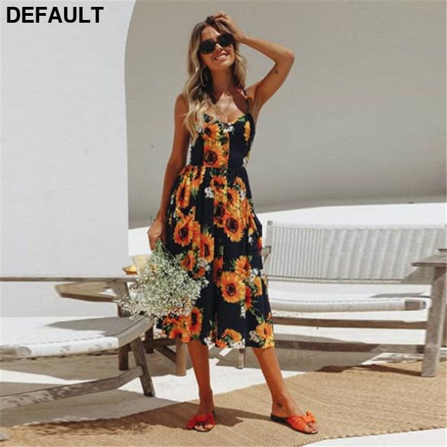 Women Floral Stripe Long Sleevele Button Beach Boho Midi Dress 8007-Sunflower / XXXL Jumpsuits & Rompers Best Selling
