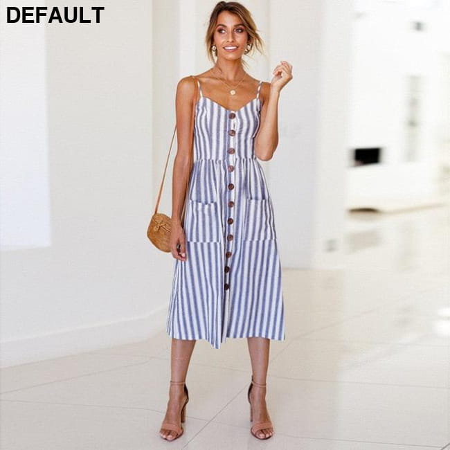 Women Floral Stripe Long Sleevele Button Beach Boho Midi Dress 8007-Width Strip / S Jumpsuits & Rompers Best Selling